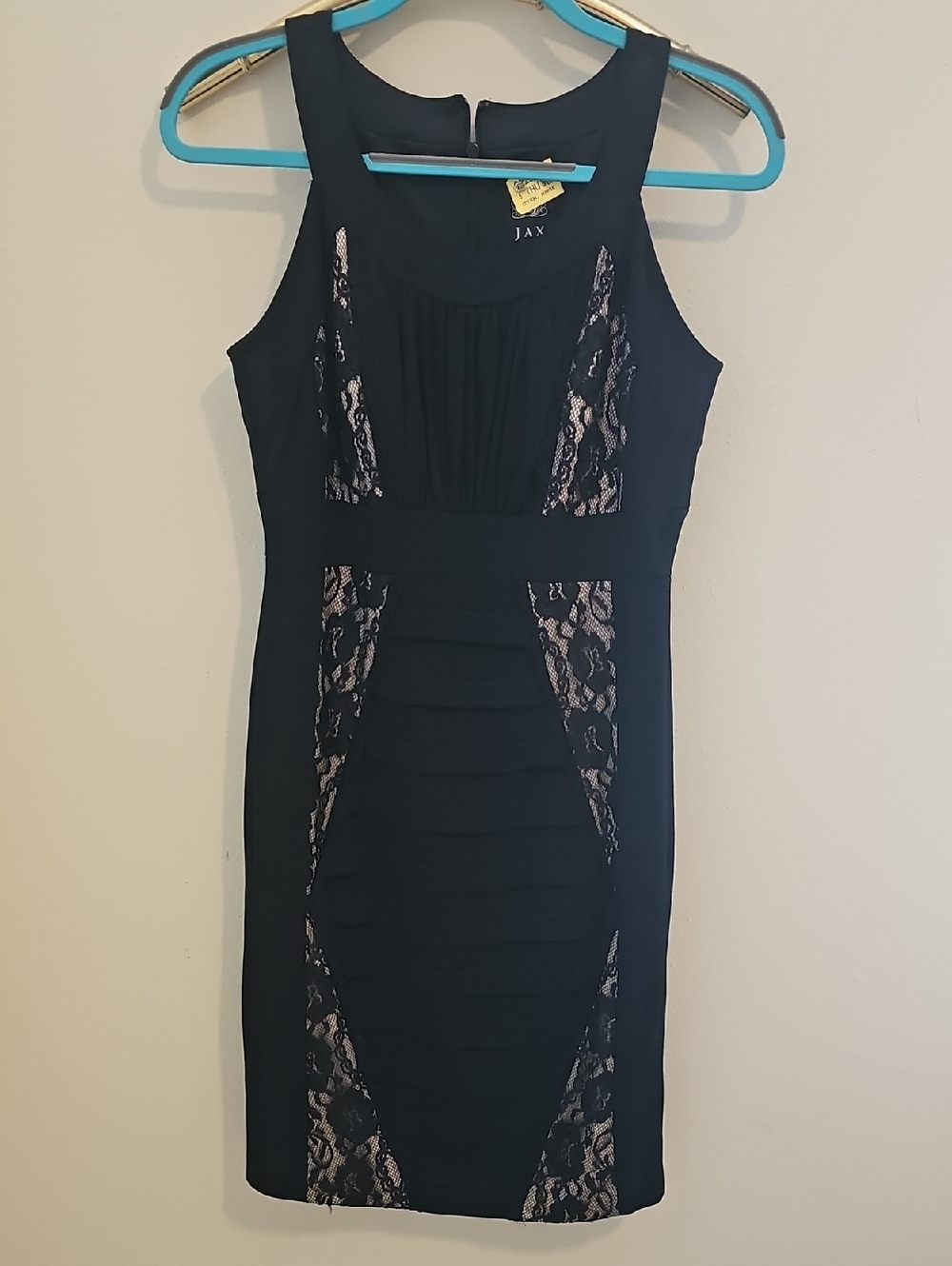 JAX Lace Ruched Sheath Dress Womens Size‎ 4 Black Pink Cocktail Evening Formal